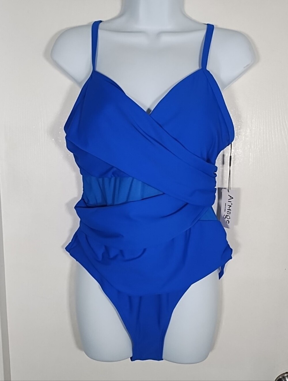 Al' Mage Women's L One Piece Swimsuit Wrapped Royal Blue Ruching Bathing Suit